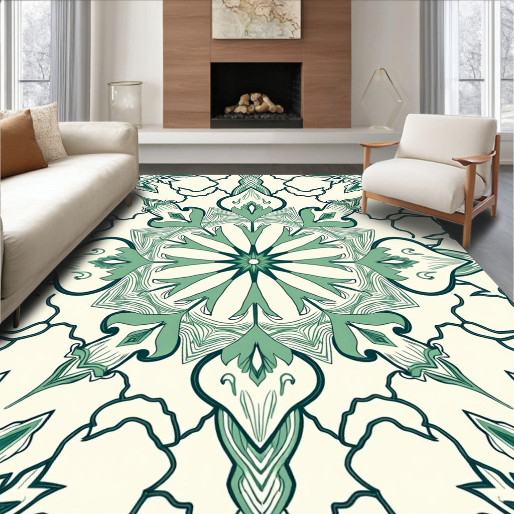 Green Floral Medallion Mandala Rug