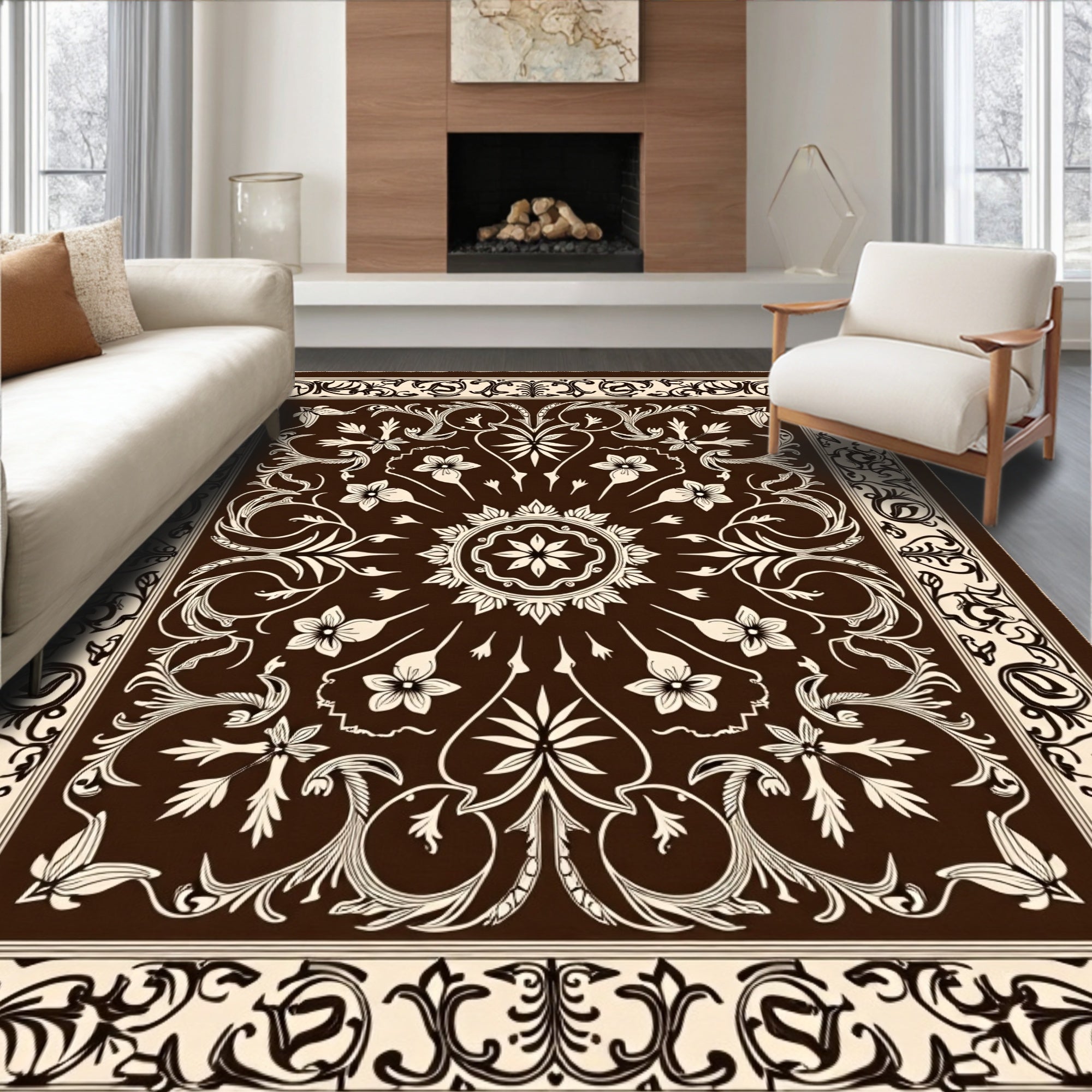Ornate Brown Floral Medallion Border Rug
