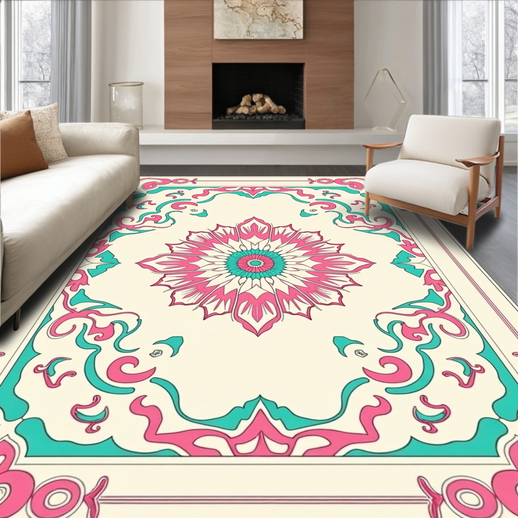 Pink Teal Floral Medallion Border Rug
