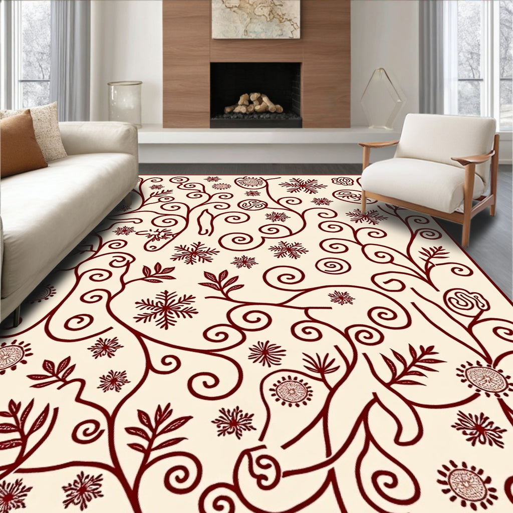 Crimson Vines with Snowflakes and Spirals Rug