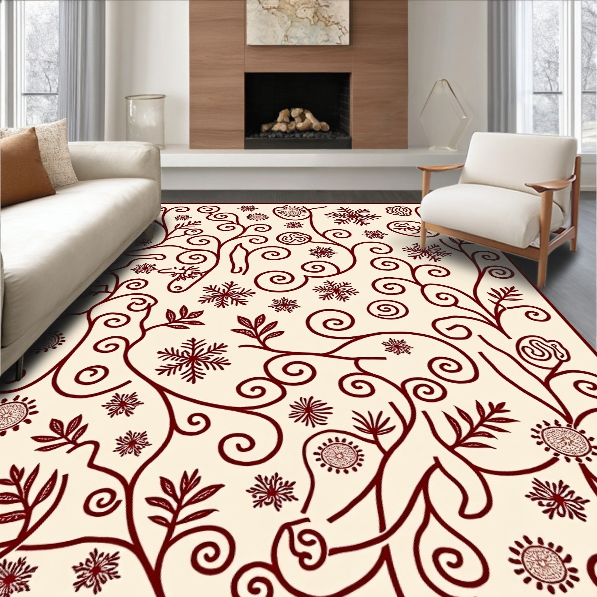 Crimson Vines with Snowflakes and Spirals Rug