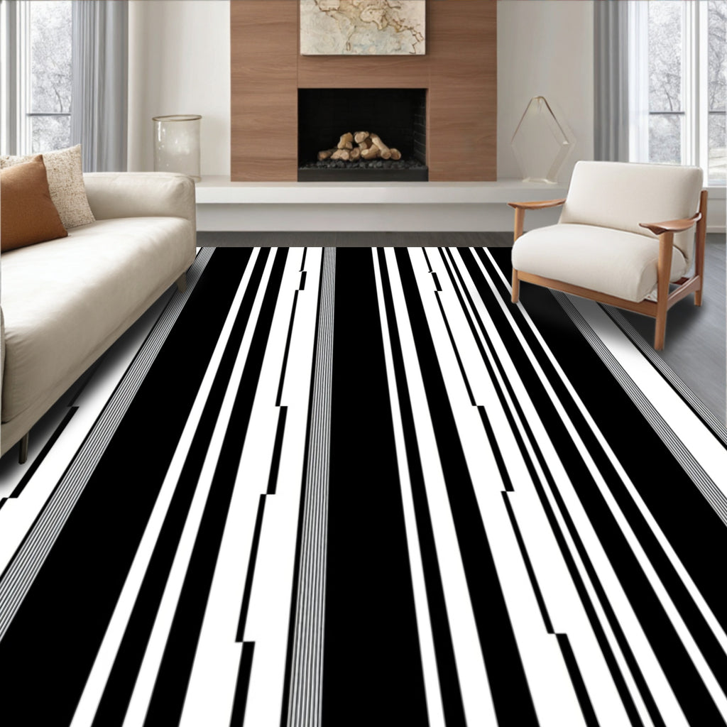 Bold Black White Vertical Stripe Rug