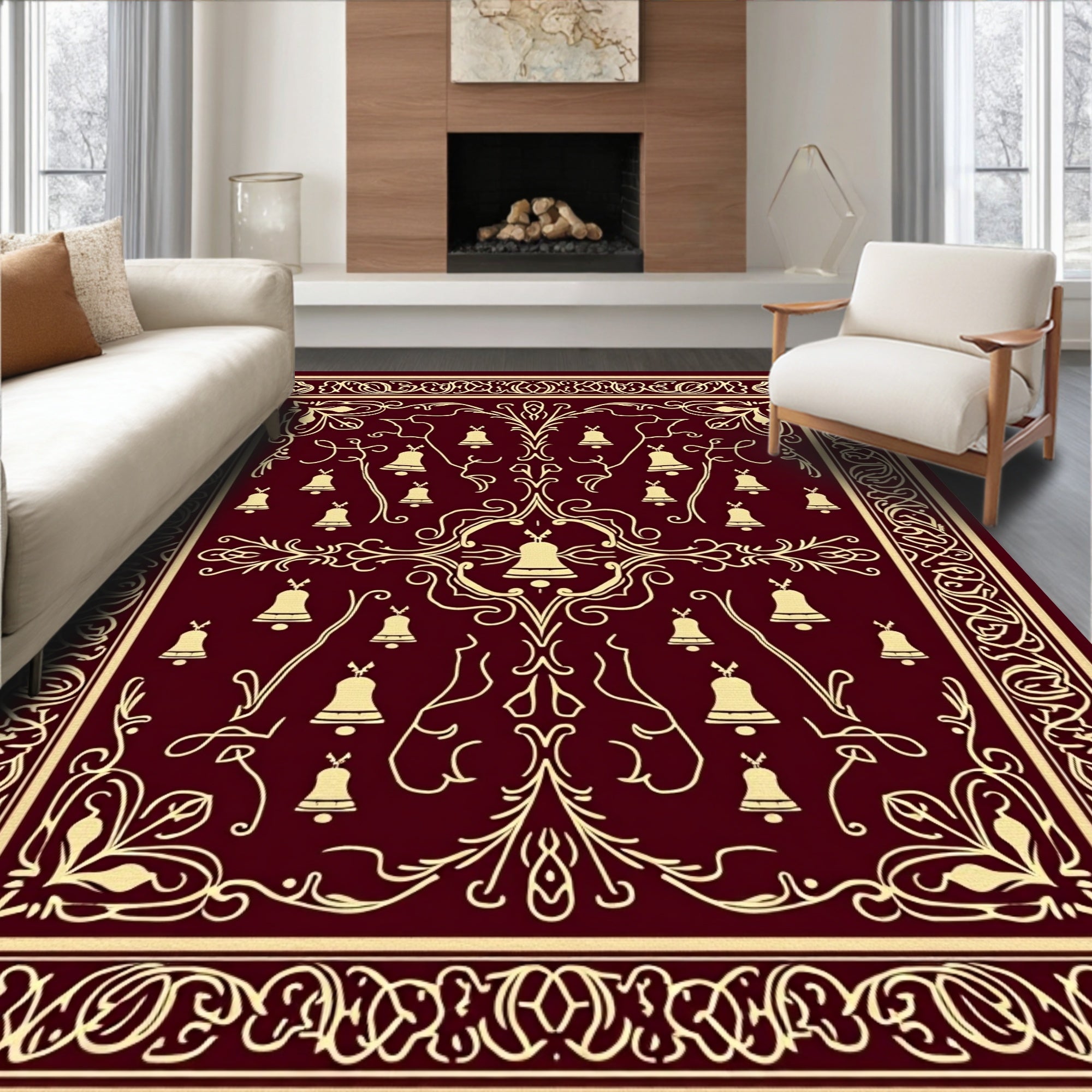 Crimson Gold Bell Scrollwork Rug