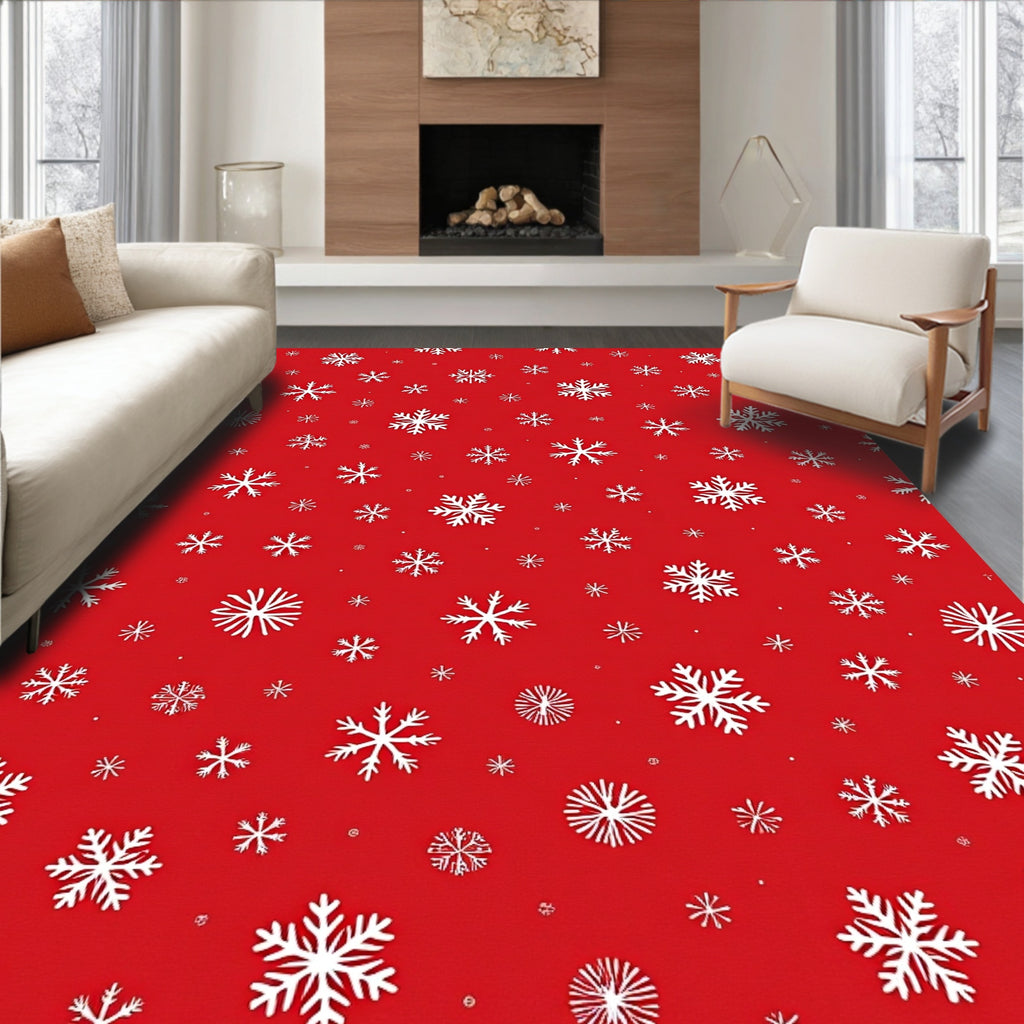 Red White Scattered Snowflake Meadow Rug