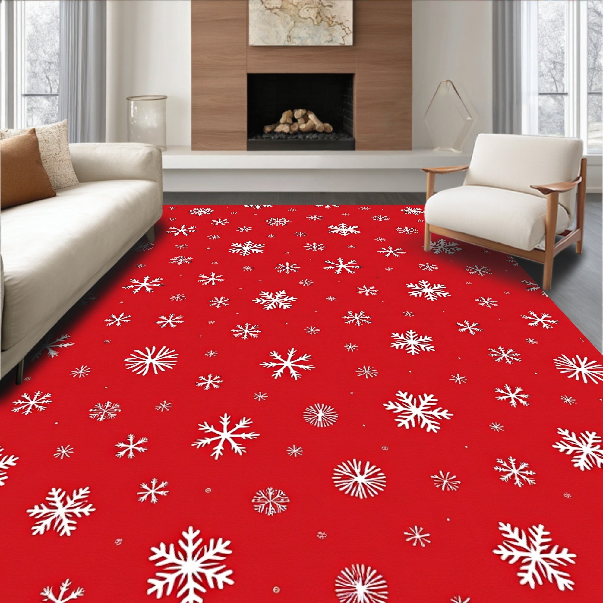 Red White Scattered Snowflake Meadow Rug