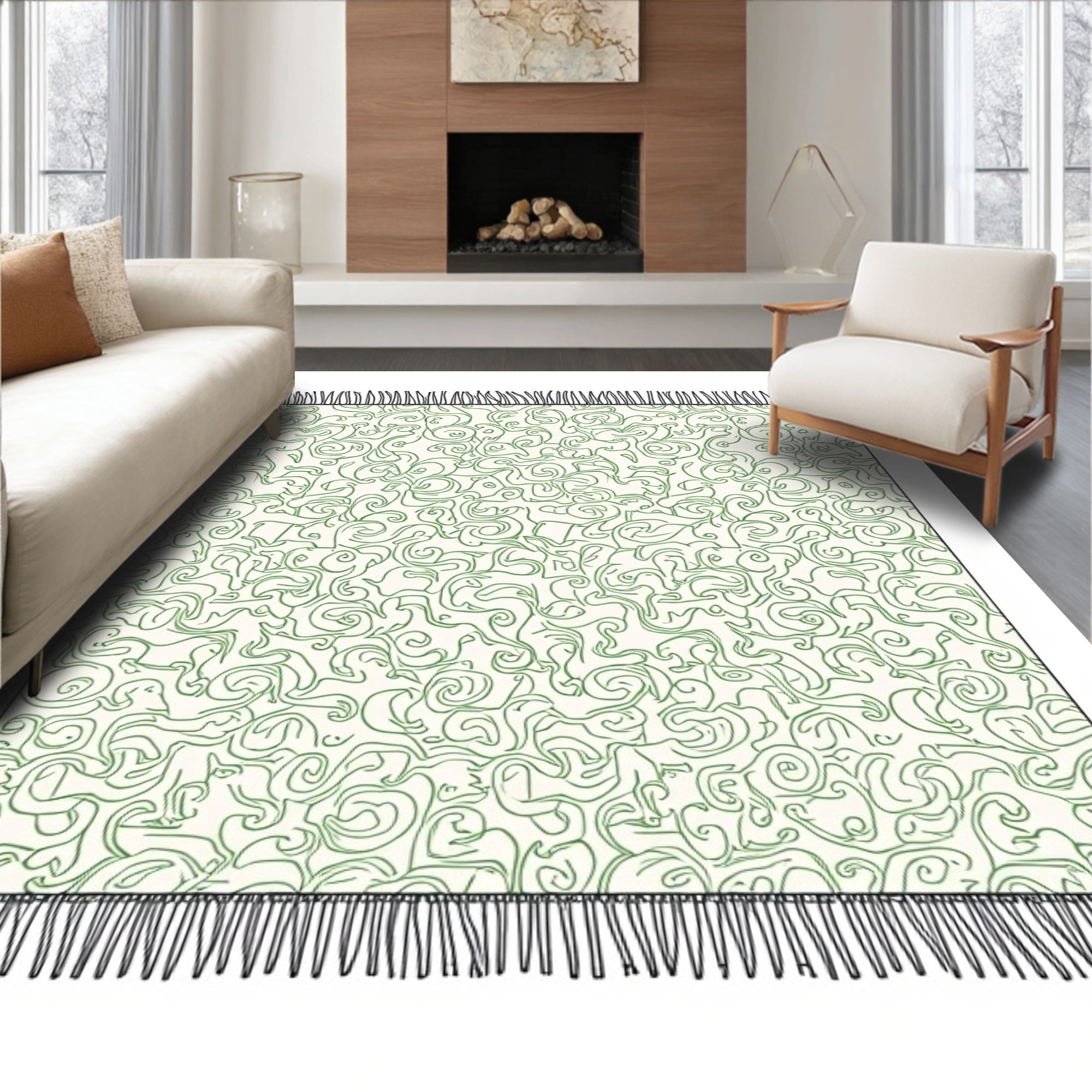 Cream Green Floral Swirl Rug