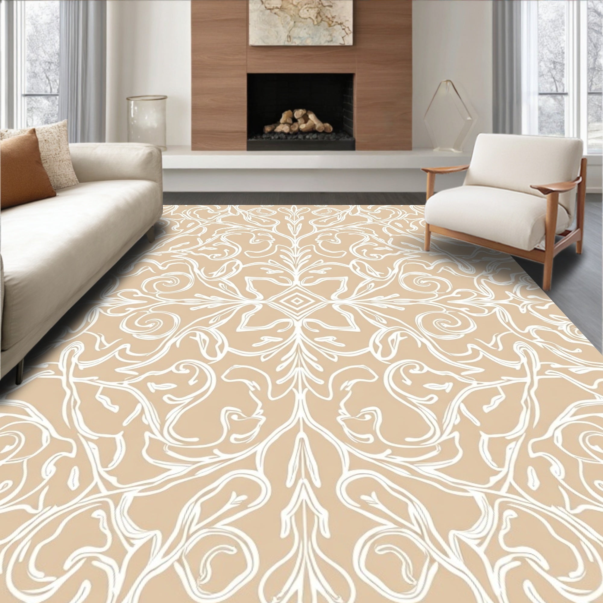 Ornate Cream Tan Swirls Rug