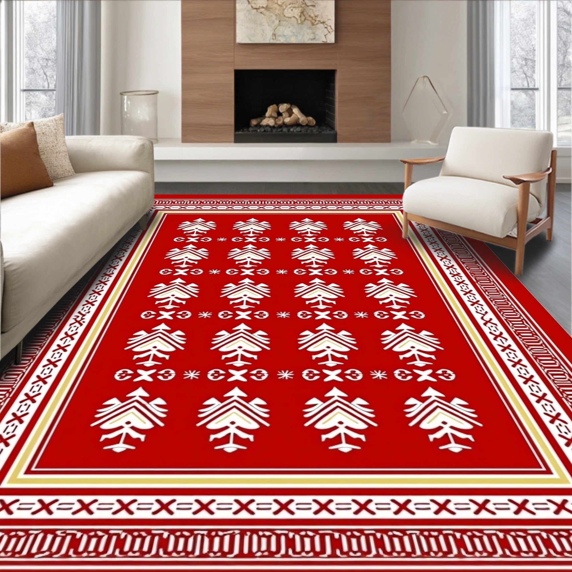 Bold Red Ivory Stylized Feather Rug