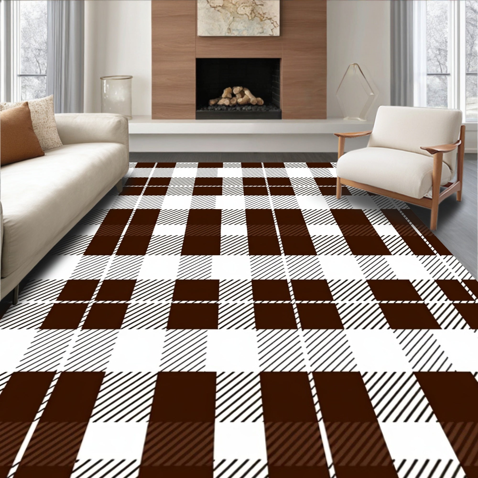 Brown White Plaid Buffalo Check Rug