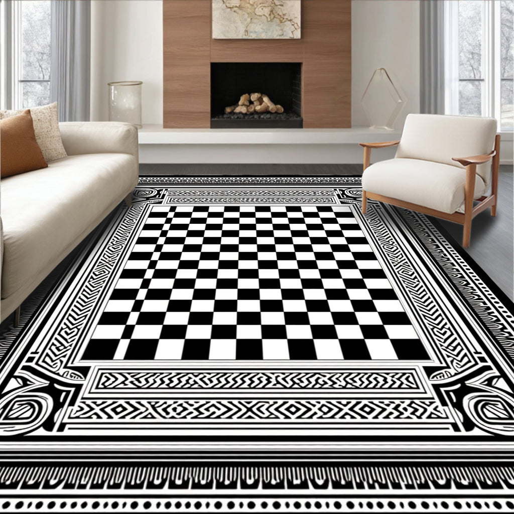 Monochrome Checkerboard Tribal Border Rug