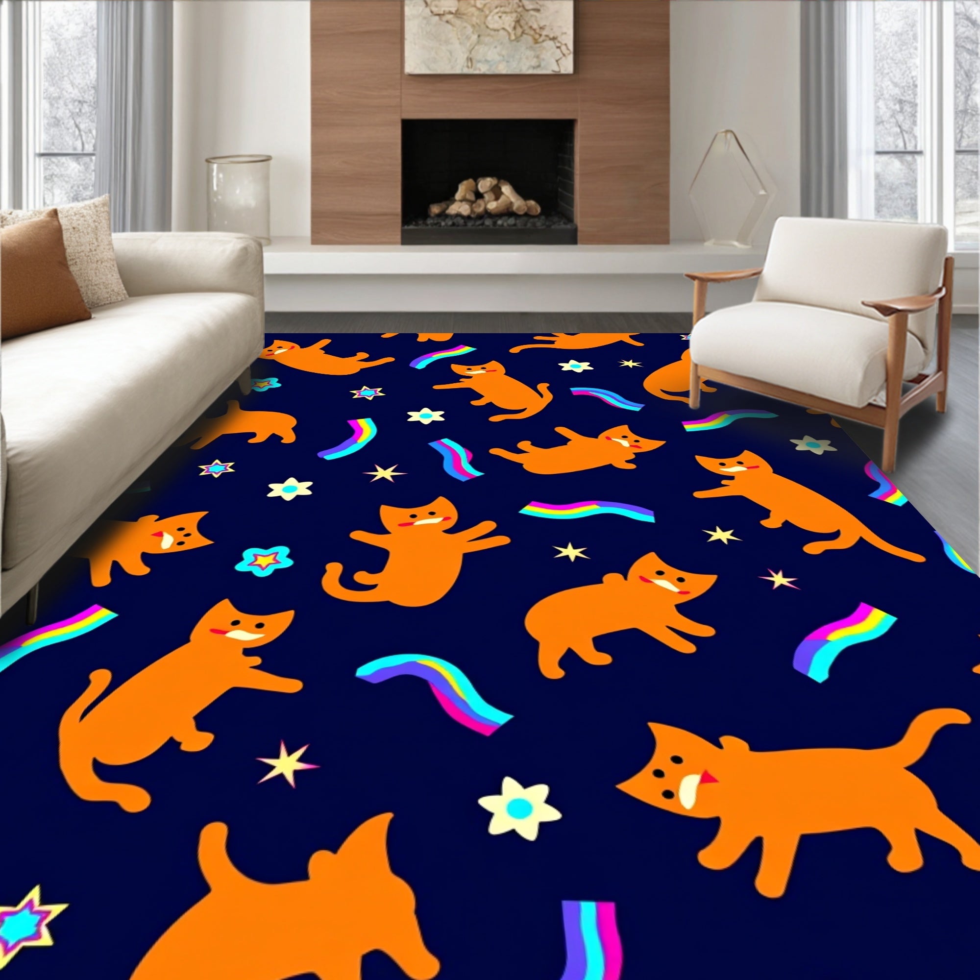 Whimsical Orange Cats Rainbow Stars Rug