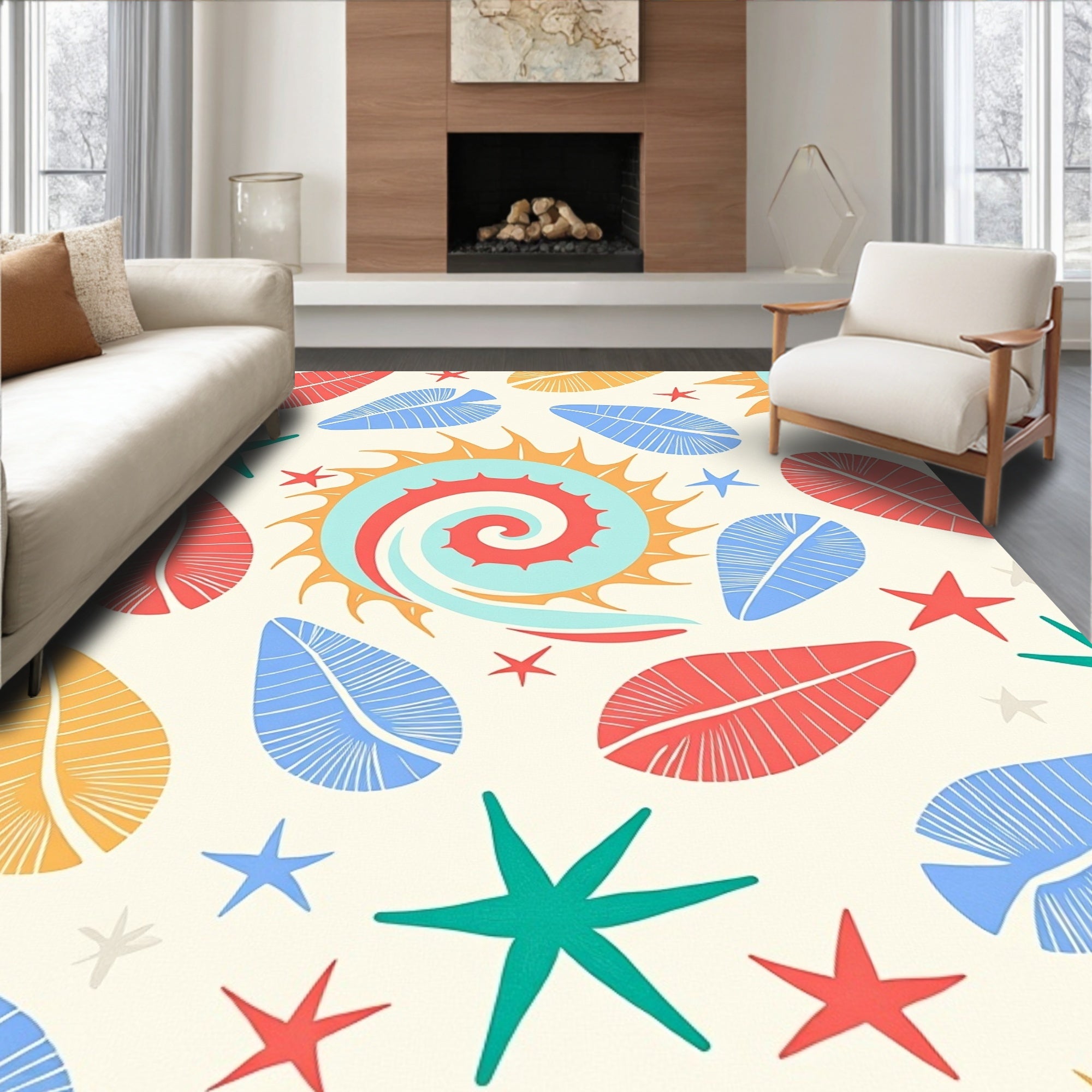 Coastal Summer Seashell Leaf Medley Rug