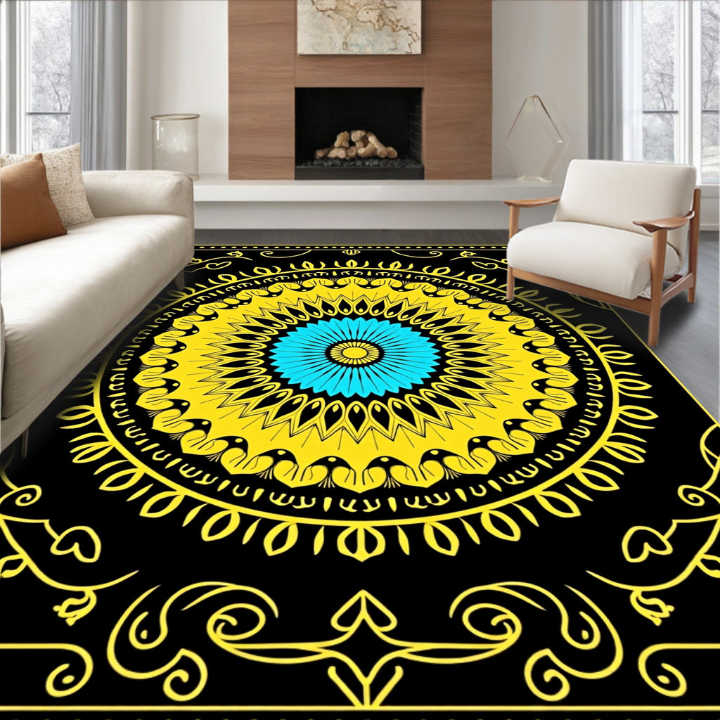 Vibrant Yellow Blue Central Medallion Rug