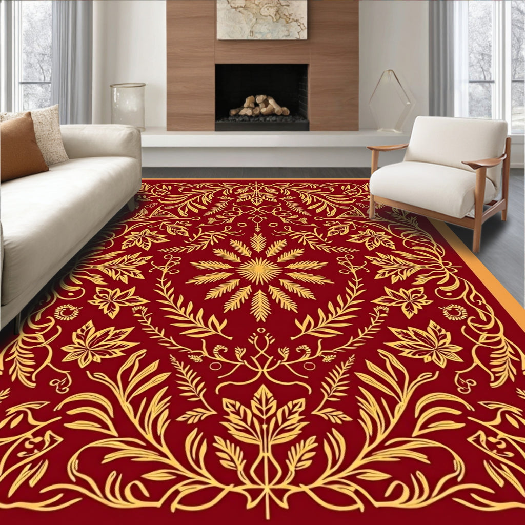 Regal Crimson Golden Floral Scroll Rug