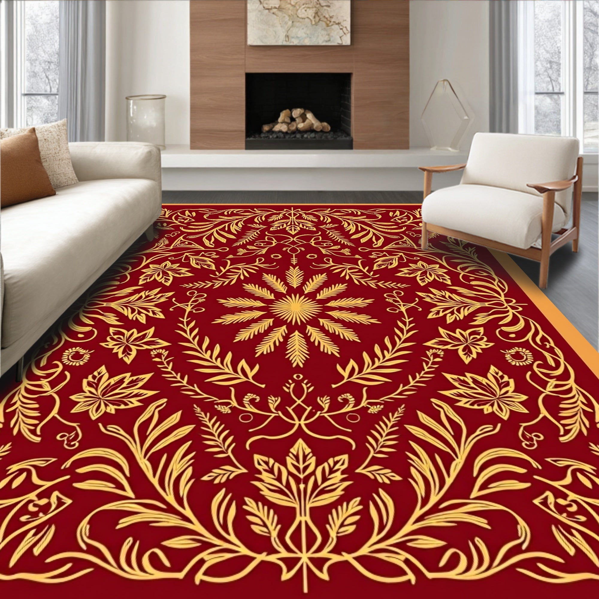 Regal Crimson Golden Floral Scroll Rug