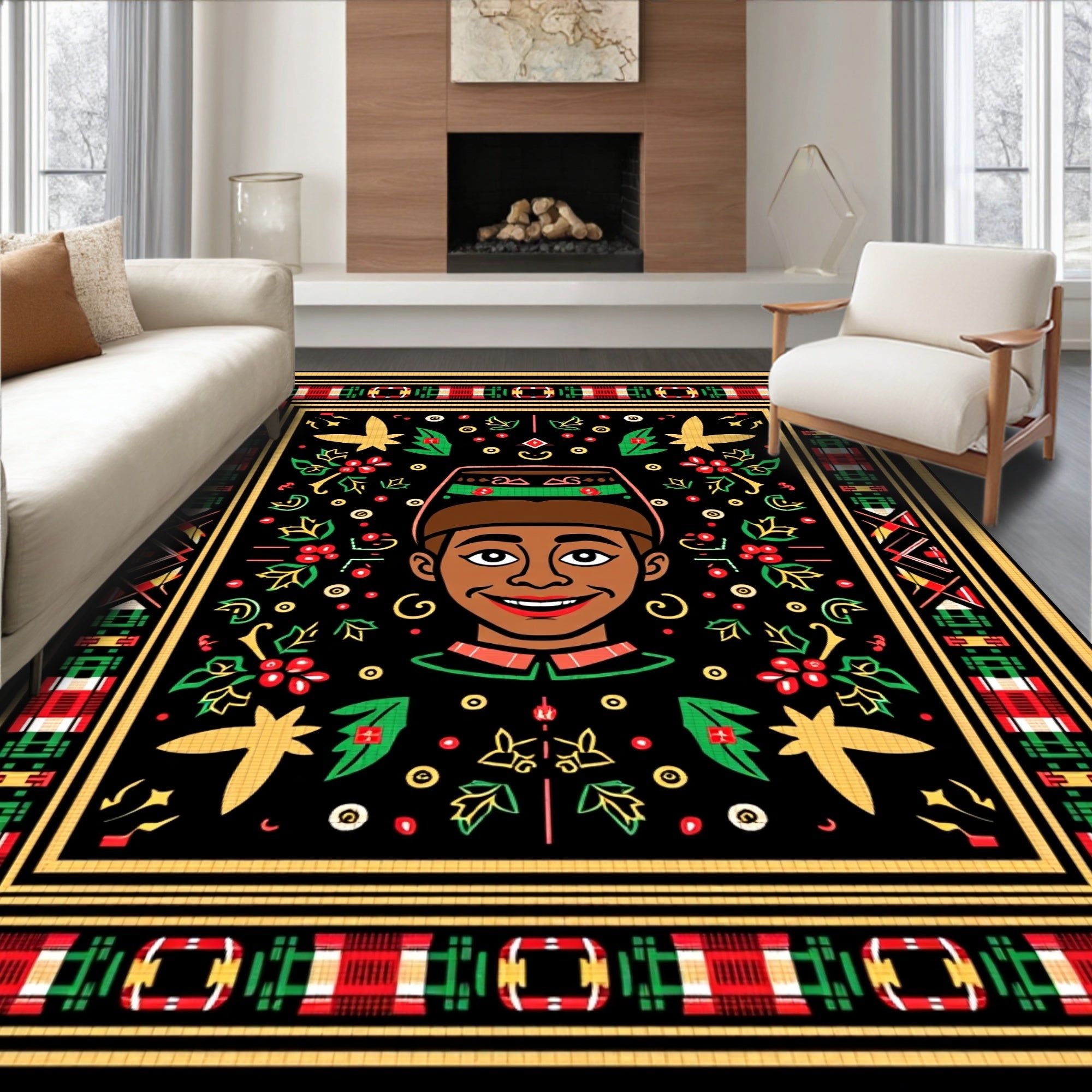Colorful Tribal Portrait Floral Border Rug