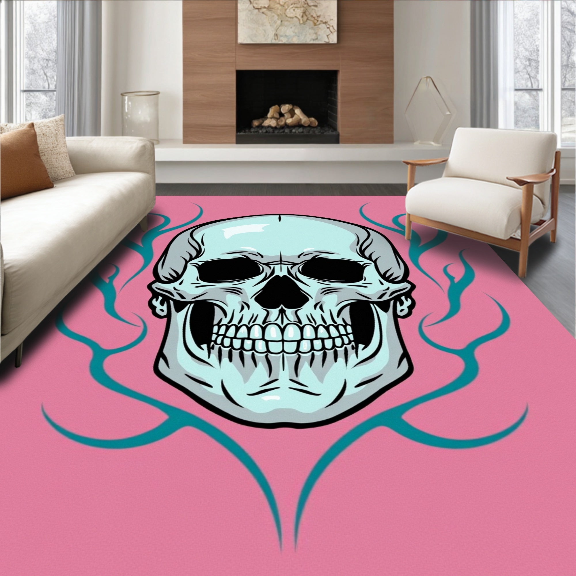 Pale Skull Teal Flame Pink Background Rug