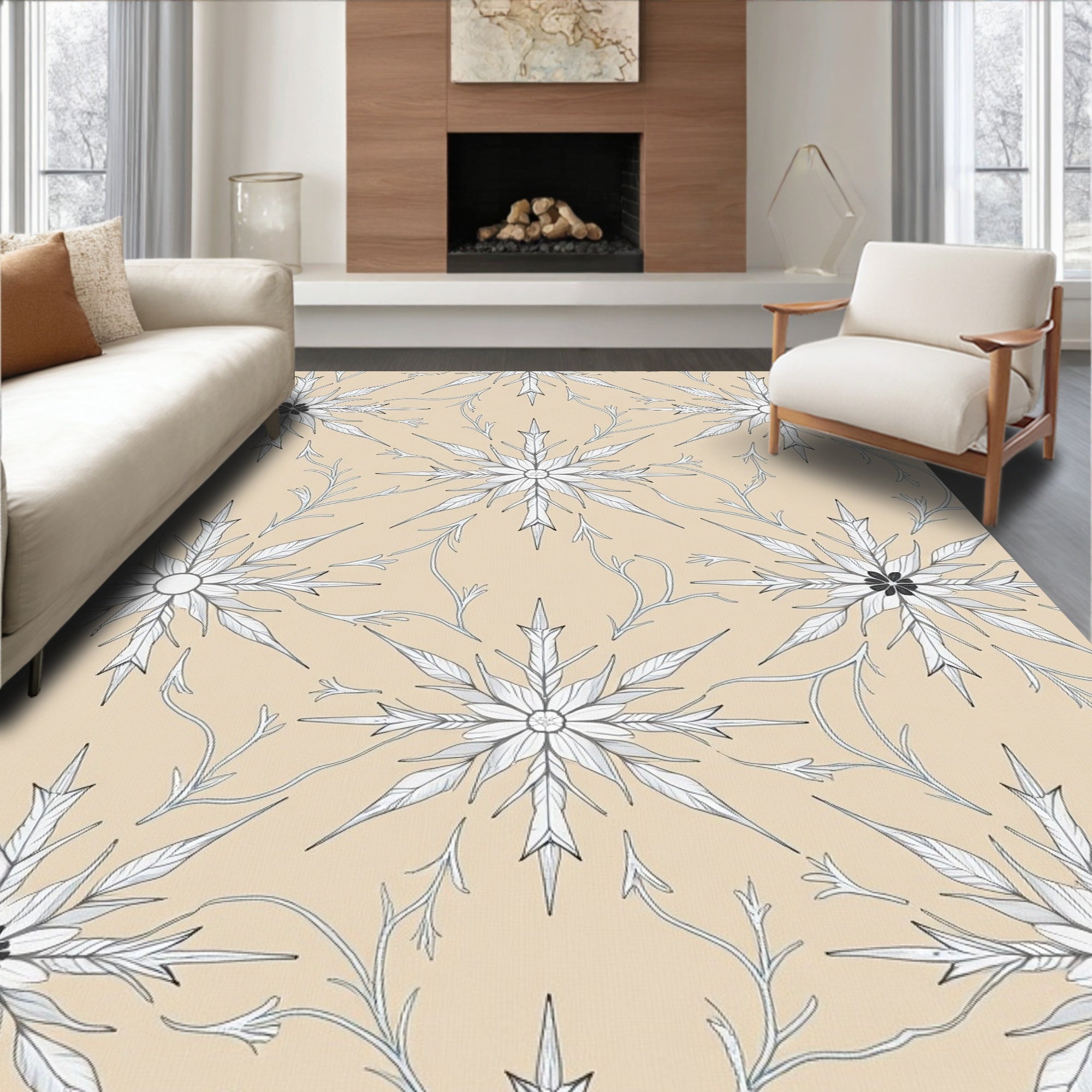 Natural Beige Snowflake Floral Art Rug