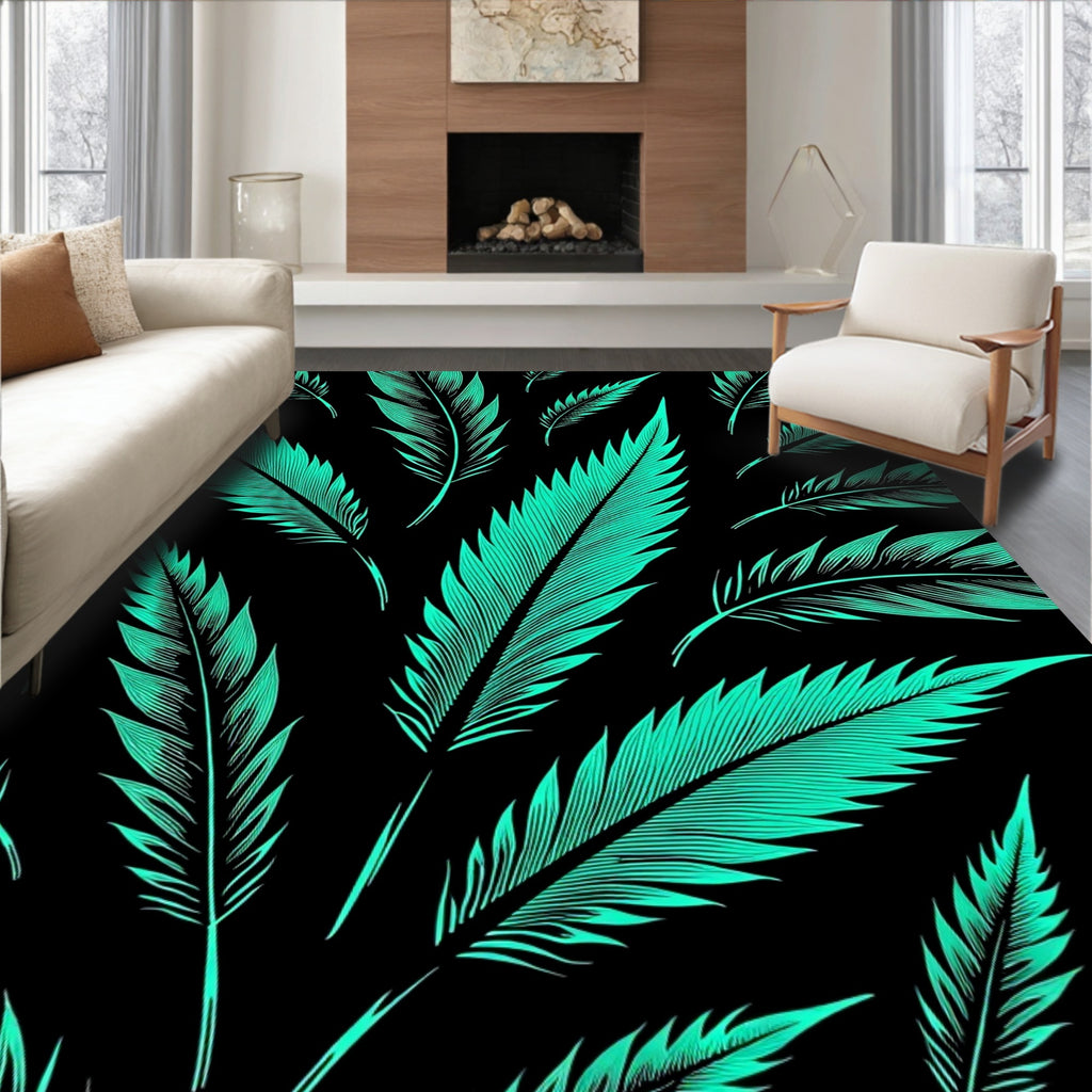 Teal Feather Explosion Dark Background Rug