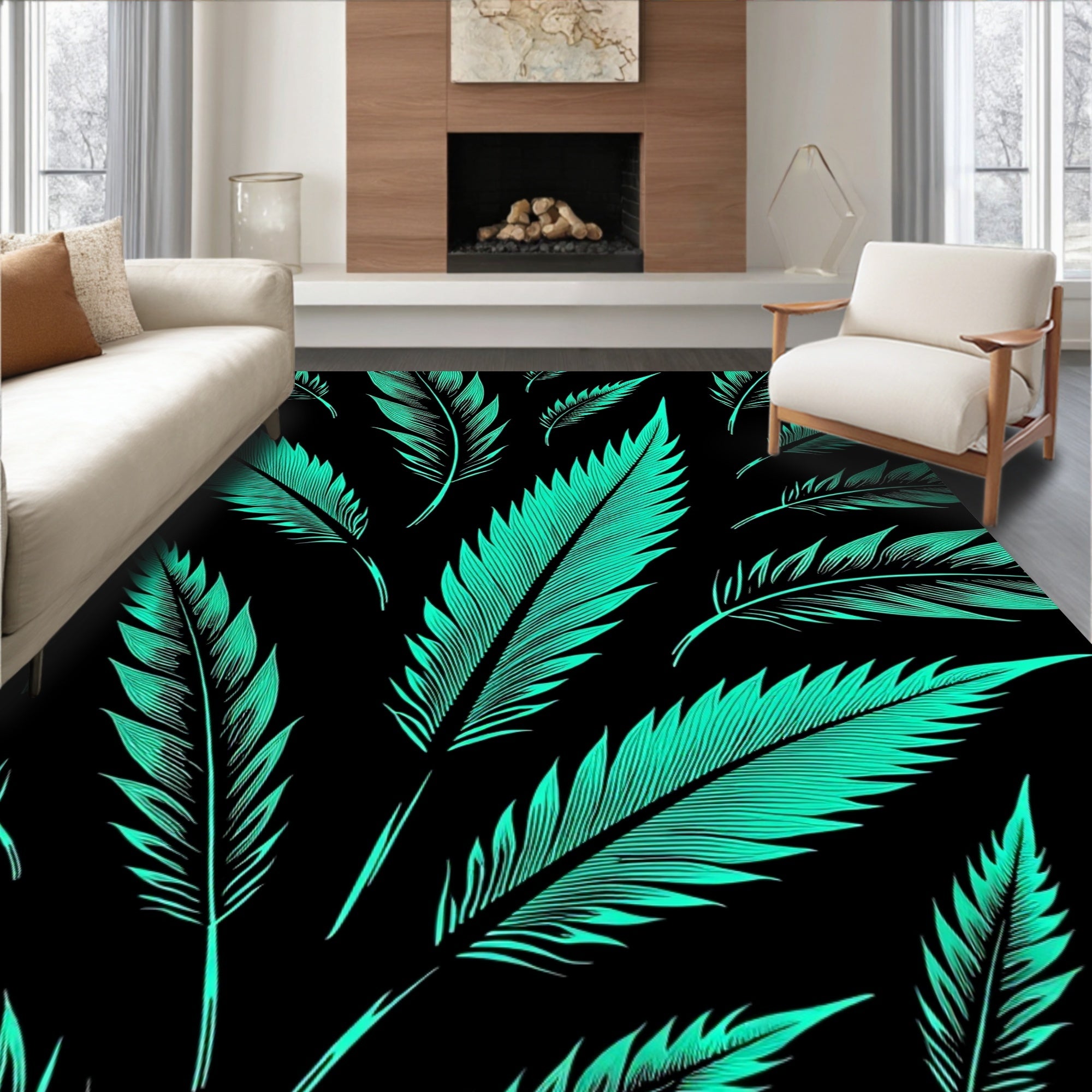 Teal Feather Explosion Dark Background Rug