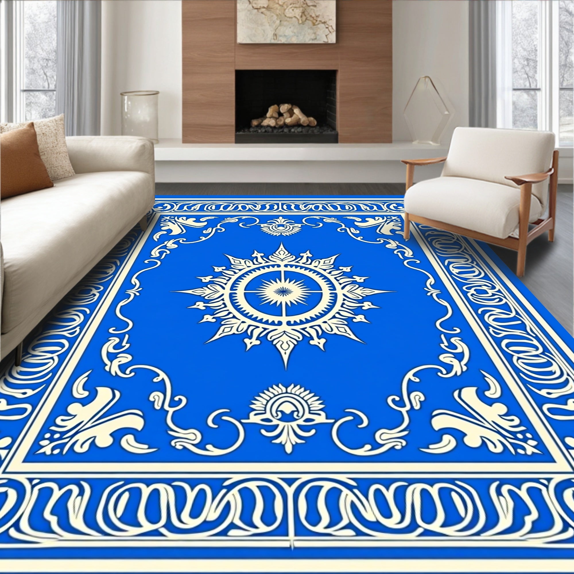 Royal Blue Ivory Sunburst Medallion Rug