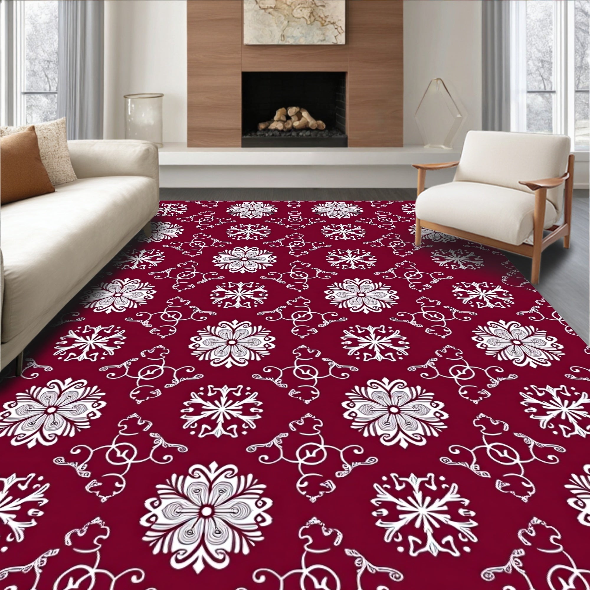 Deep Red White Flourish Mandala Rug