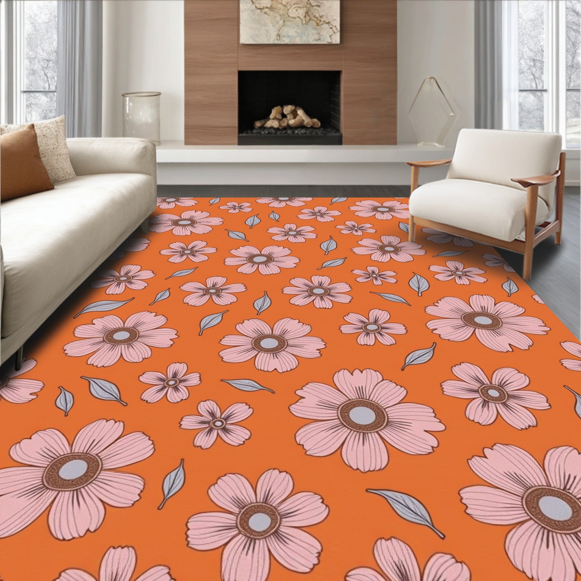 Retro Pink Orange Floral Burst Rug