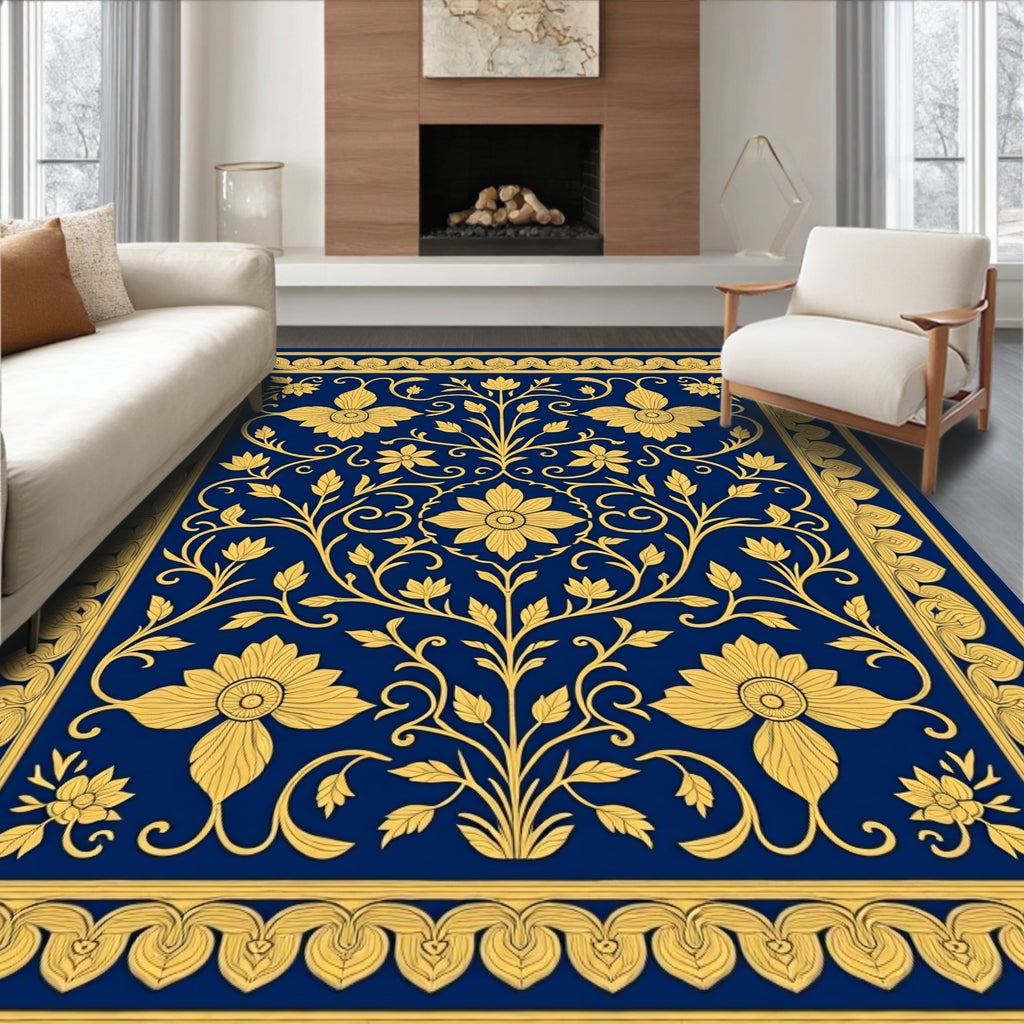 Royal Blue Golden Floral Garland Rug