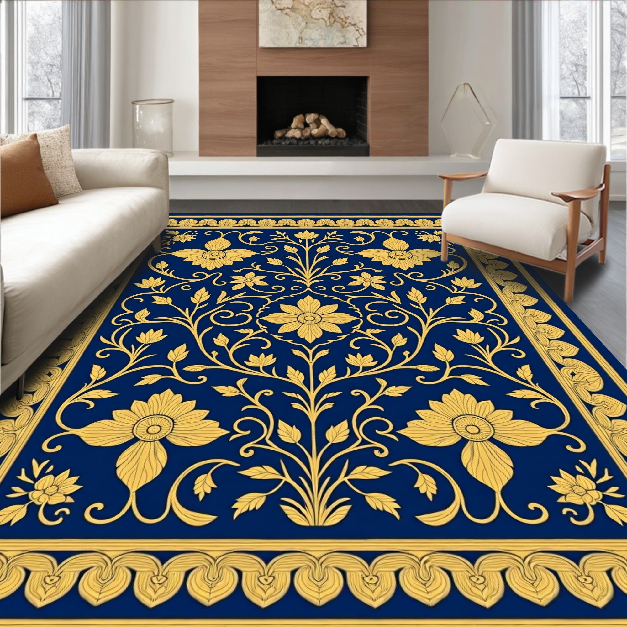 Royal Blue Golden Floral Garland Rug