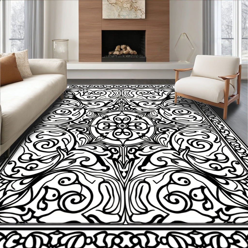 Intricate Black White Floral Medallion Art Rug