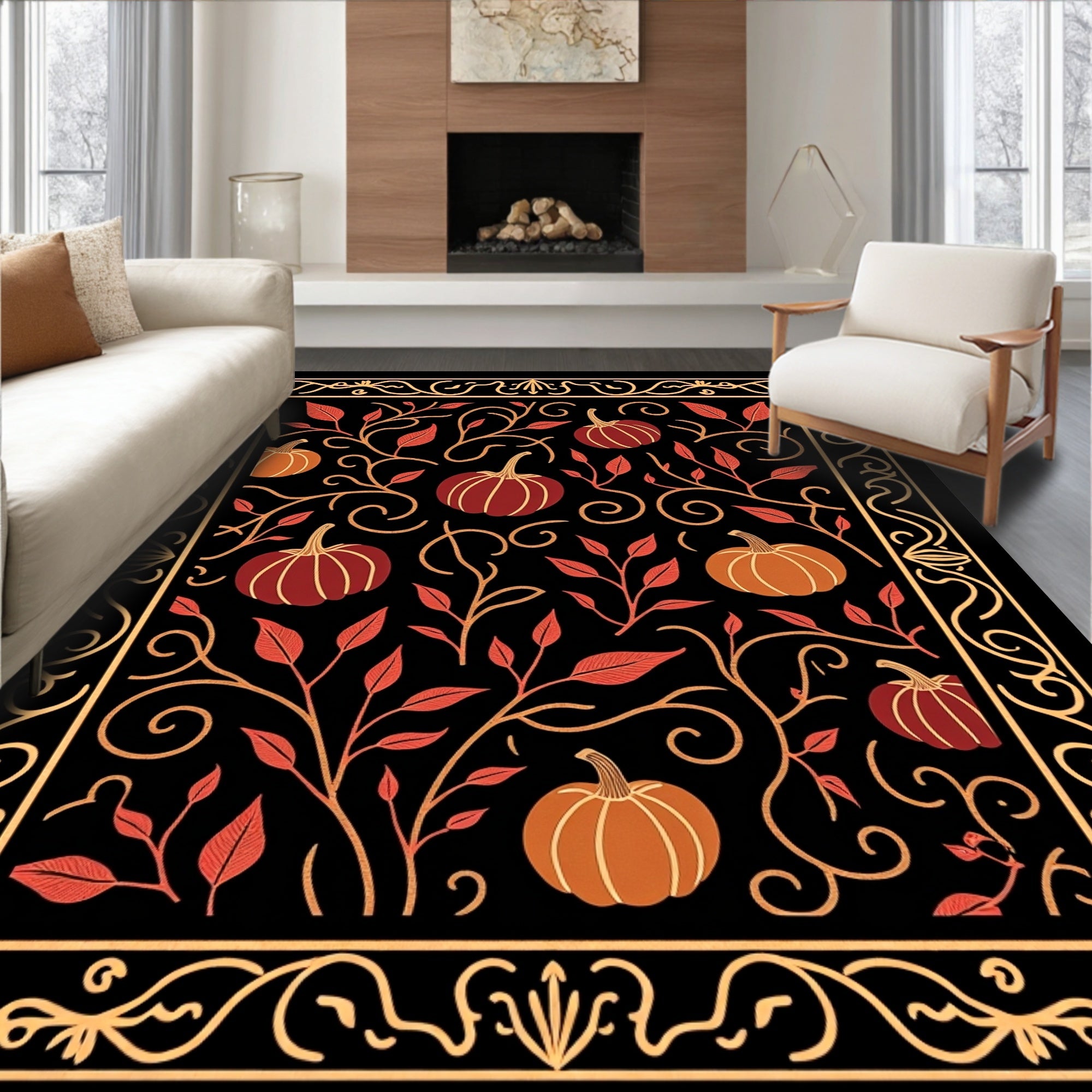 Orante Black Pumpkin Foliage Border Rug