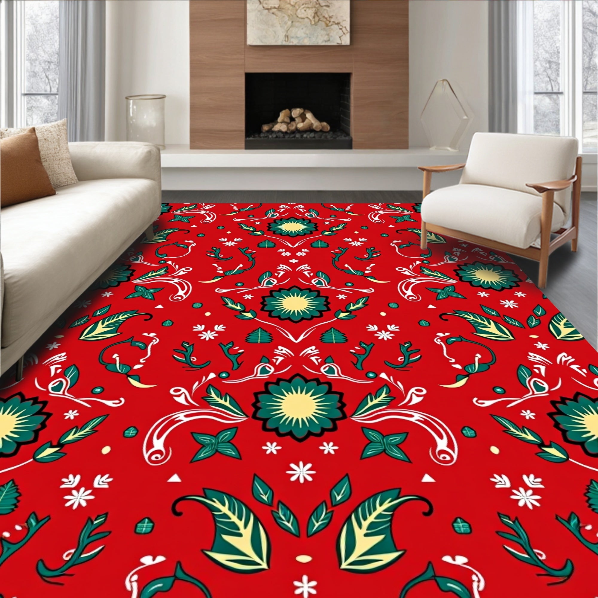 Red Green Golden Floral Medallion Rug