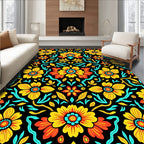 Golden Yellow Red Floral Symmetry Rug