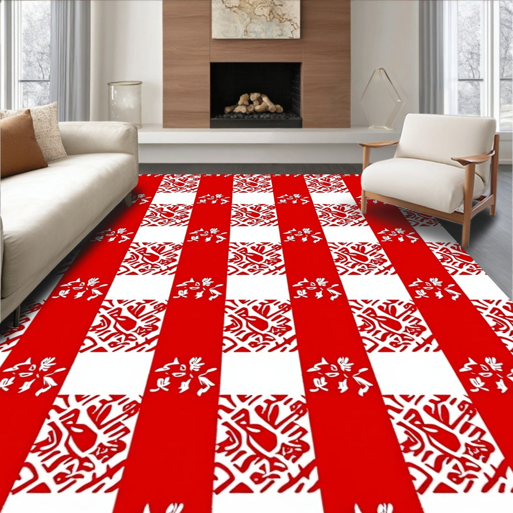 Bright Red Gingham Floral Medallion Rug