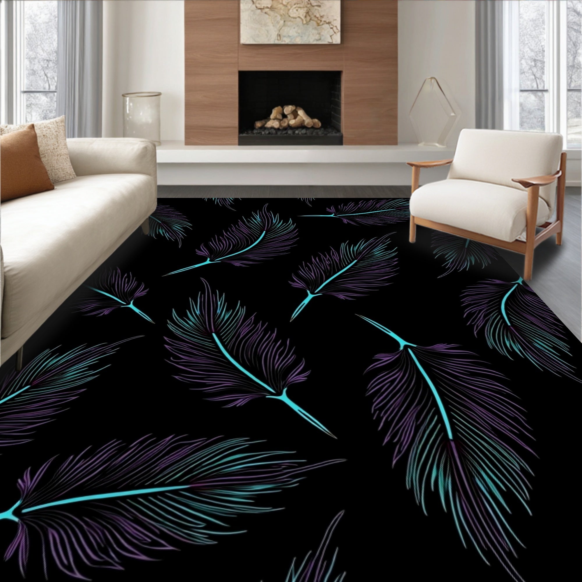 Purple Teal Feather Outline Rug