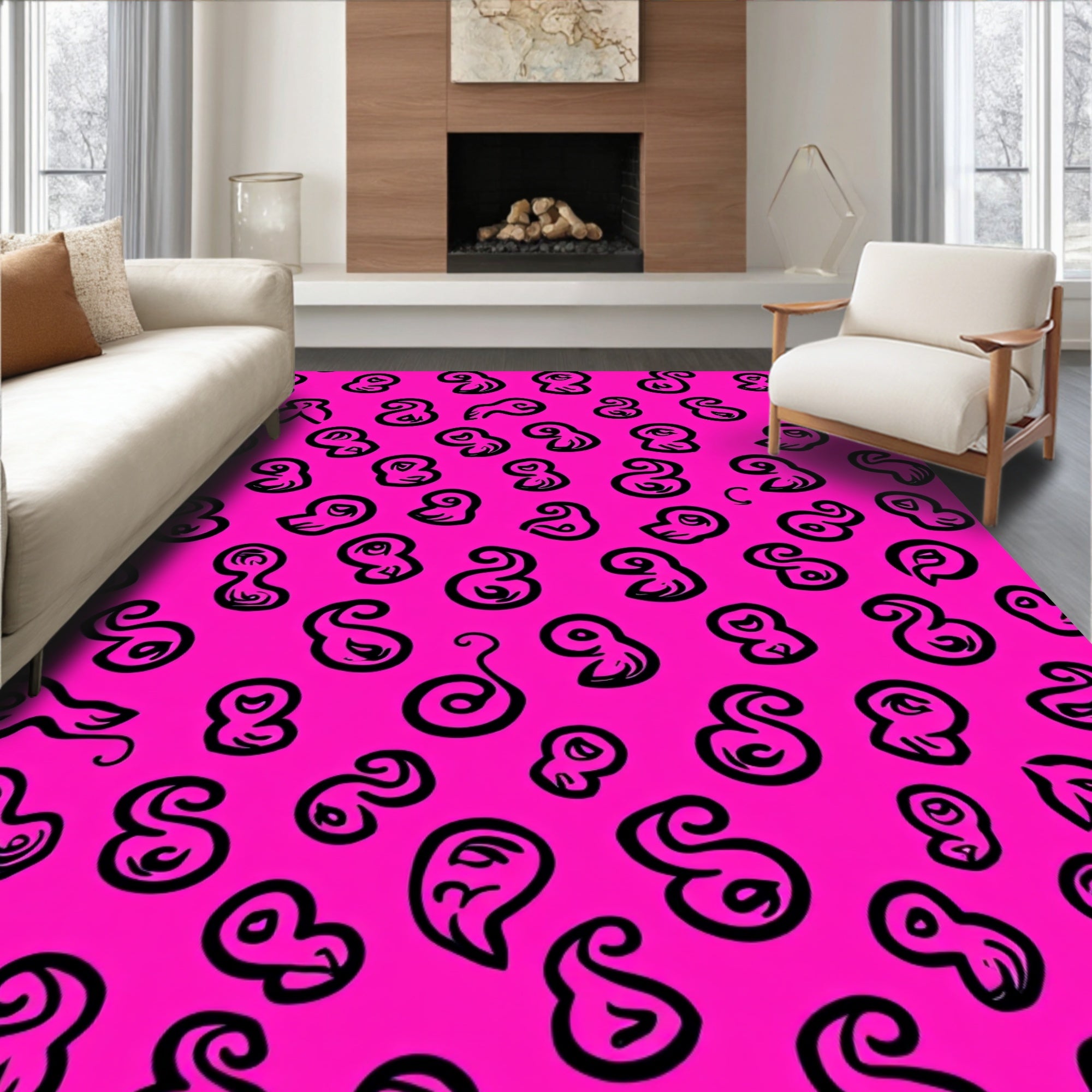 Bold Pink Abstract Calligraphy Shapes Rug