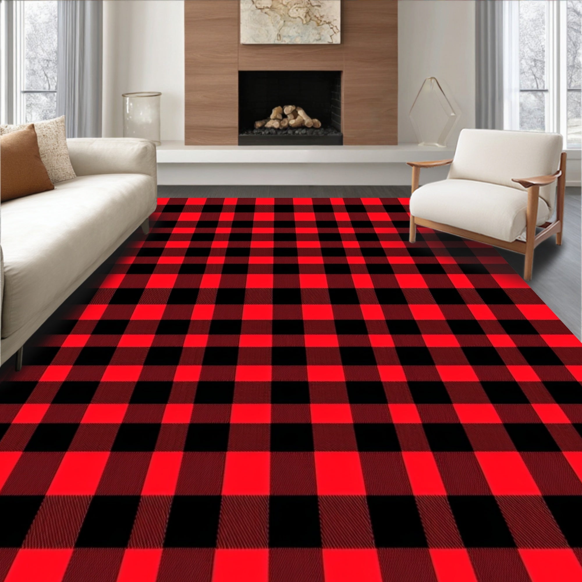 Classic Red Black Checkered Grid Rug