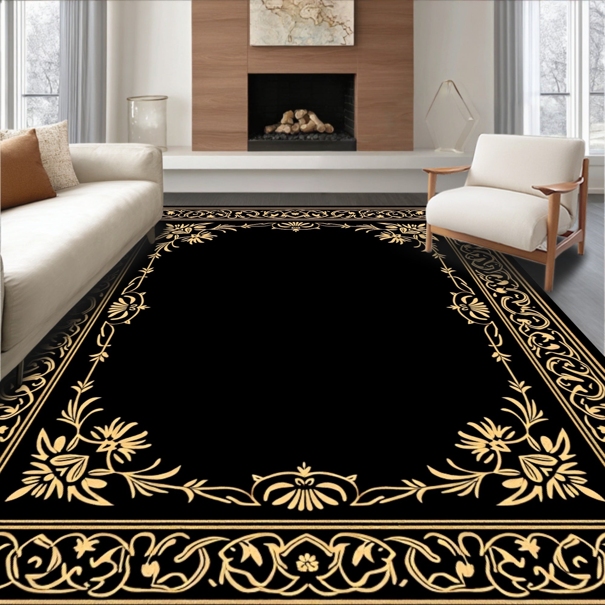 Golden Floral Ornate Scrolls Border Rug