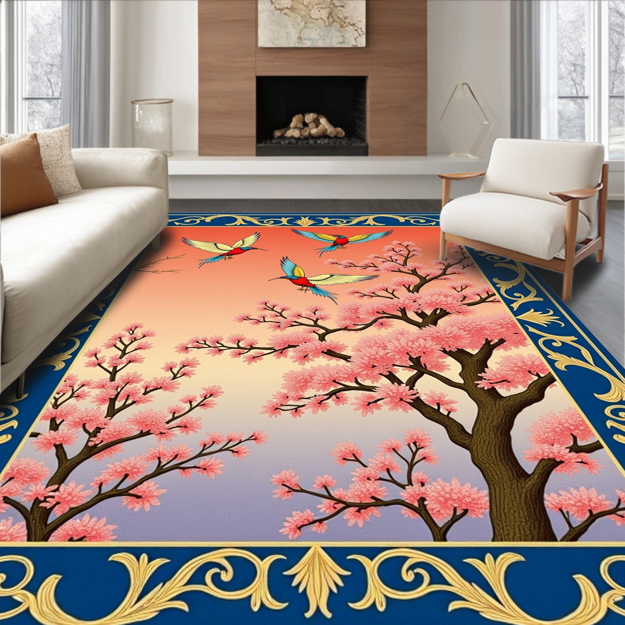 Golden Blossom Birds Cherry Sky Rug