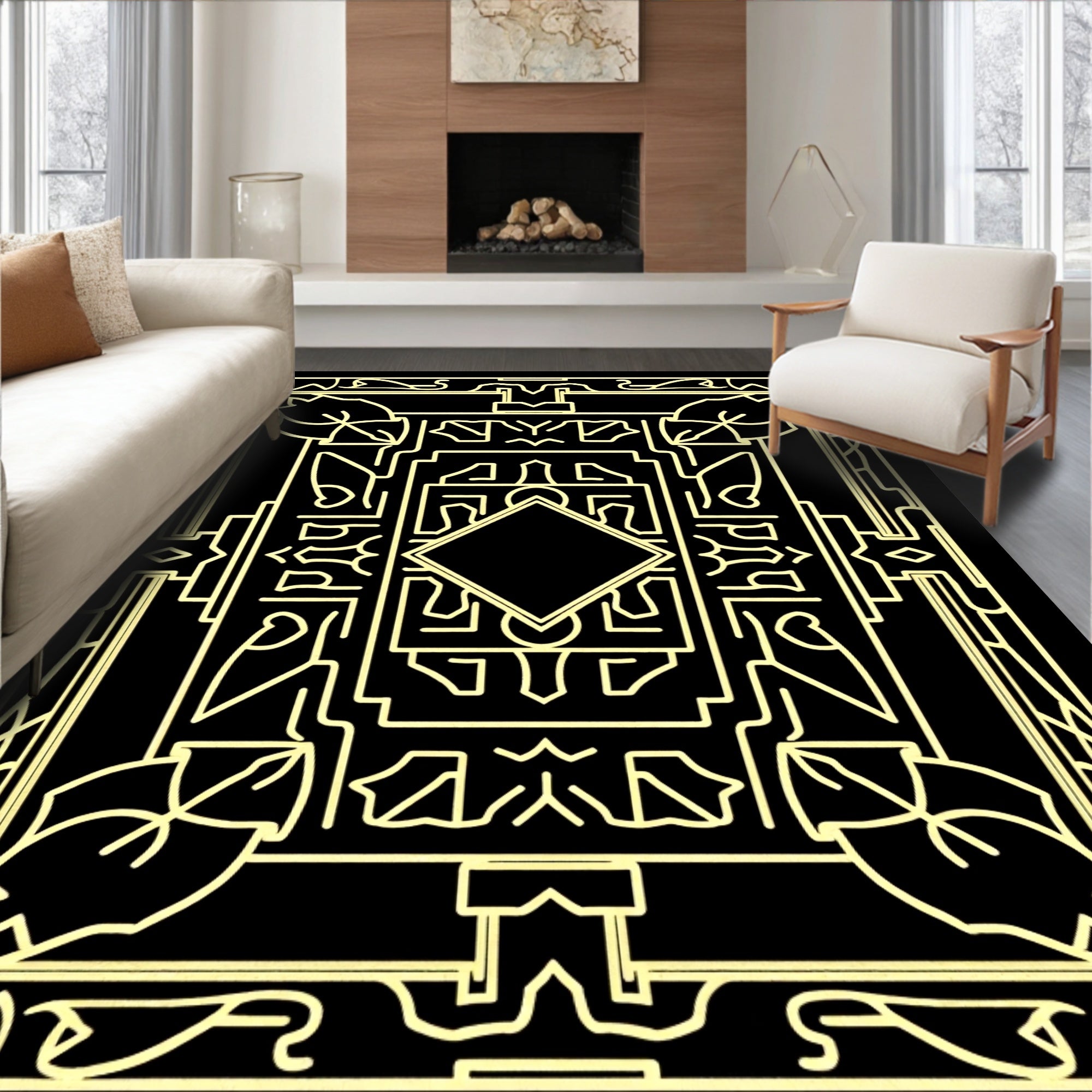 Art Deco Geometric Yellow Diamond Outline Rug