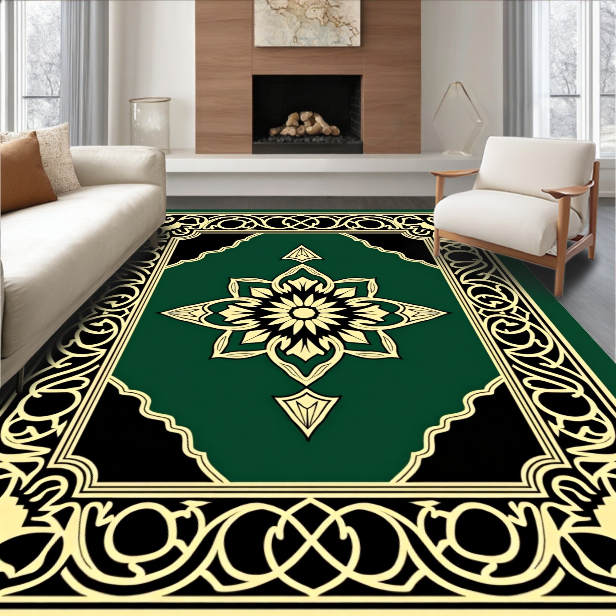 Emerald Green Floral Medallion Frame Rug