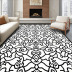 Ornate Black And White Floral Swirl Rug