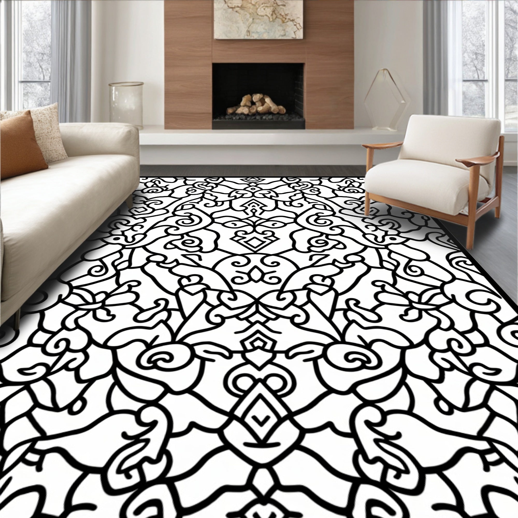 Ornate Black And White Floral Swirl Rug
