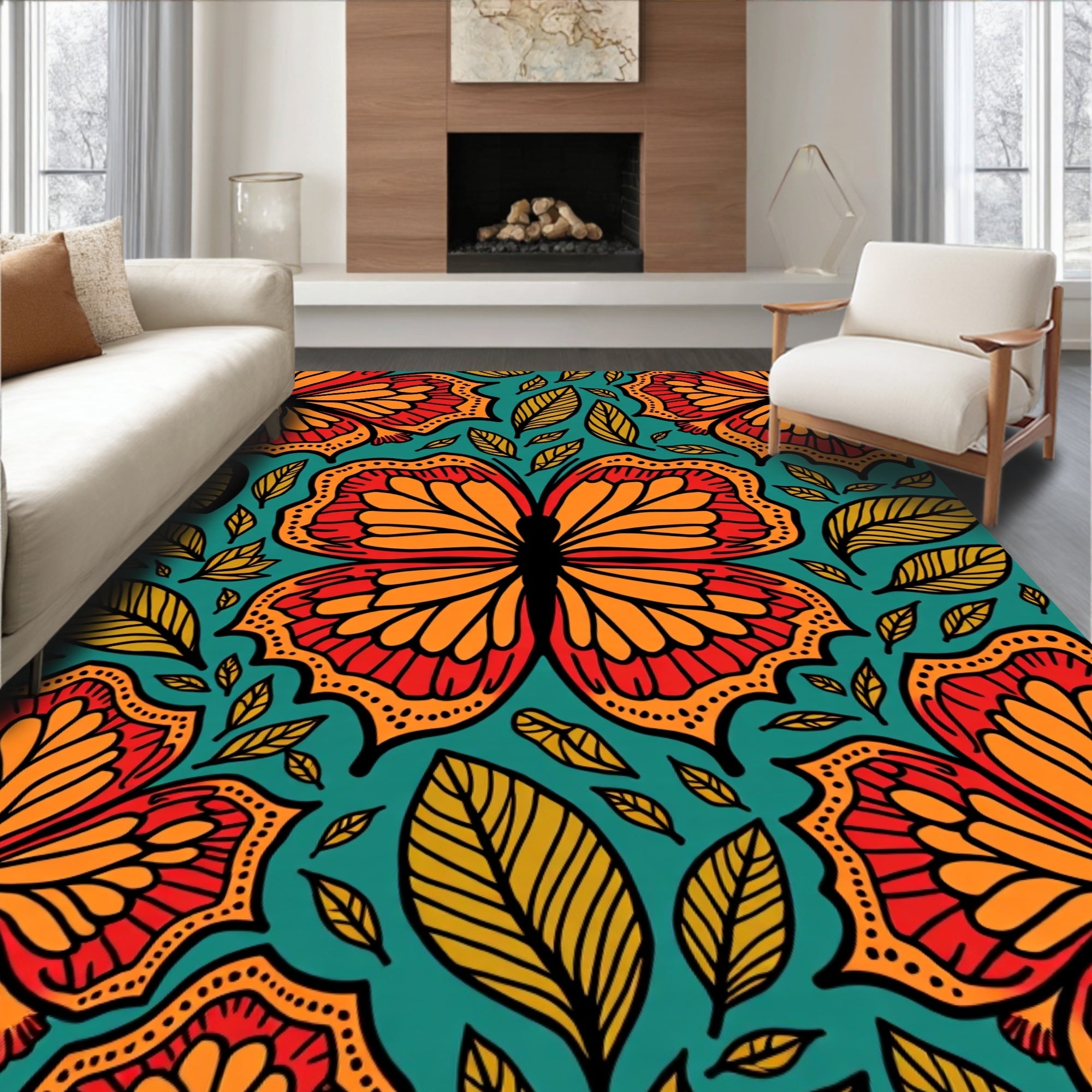 Vibrant Orange Red Butterfly Foliage Rug