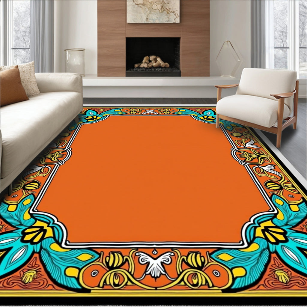 Orange Teal Floral Crest Frame Rug