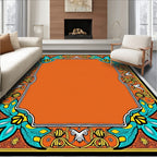 Orange Teal Floral Crest Frame Rug