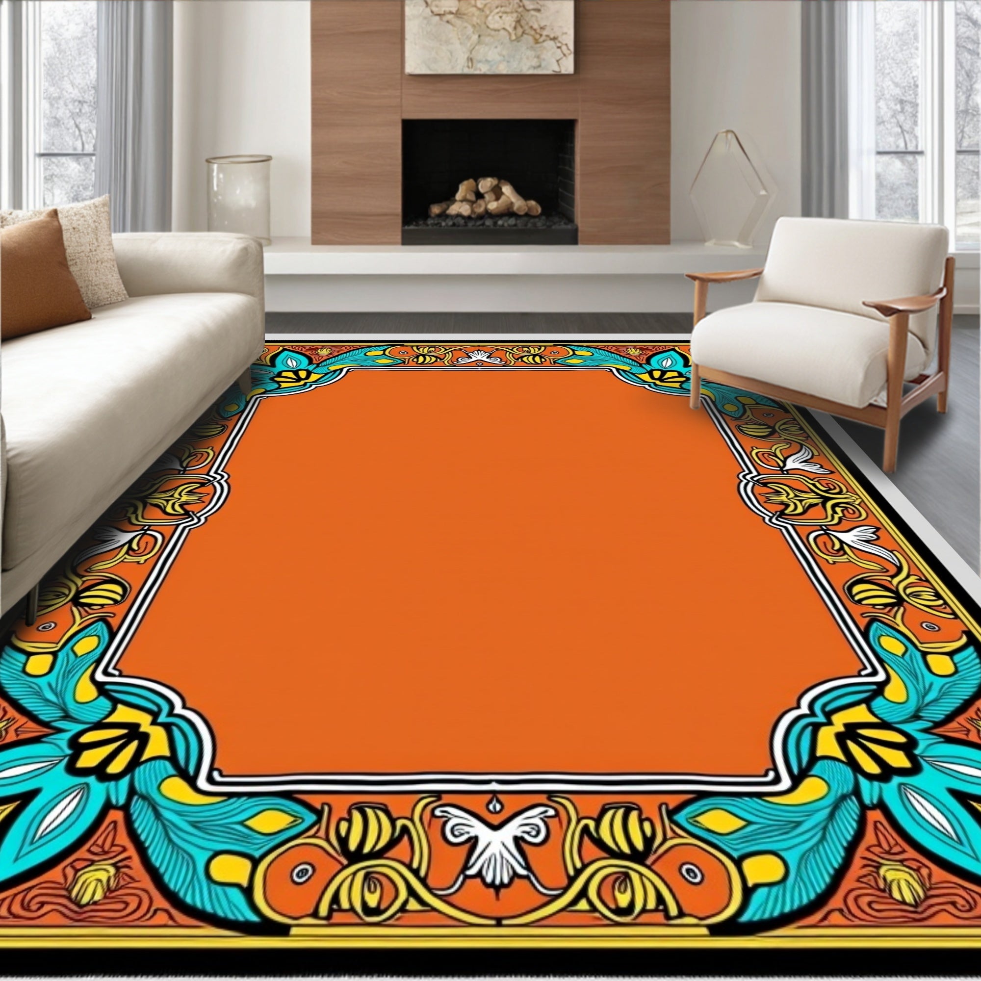 Orange Teal Floral Crest Frame Rug