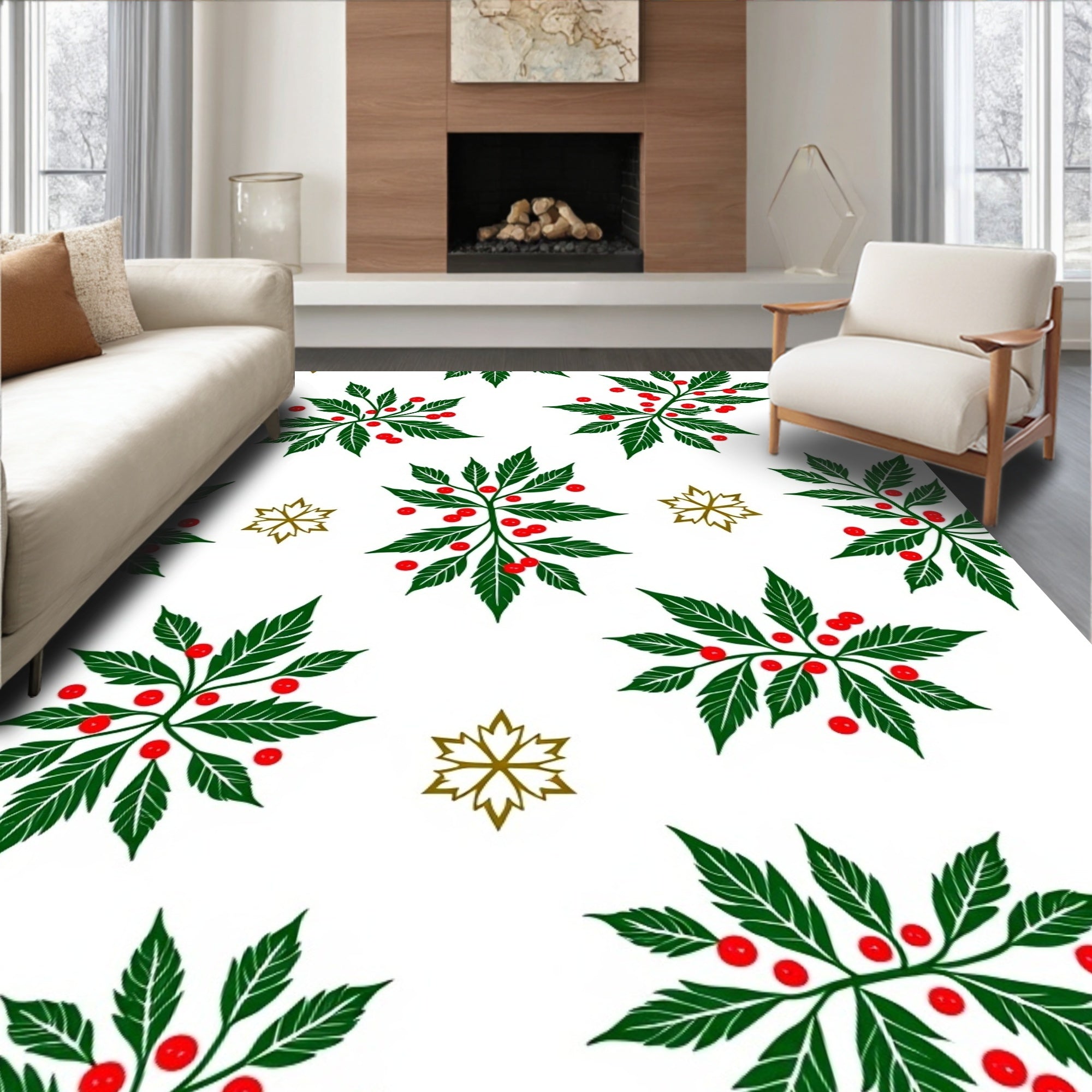 Green Leaf Red Berry Starburst Rug