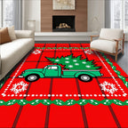 Red Plaid Evergreen Truck Snowflakes Rug