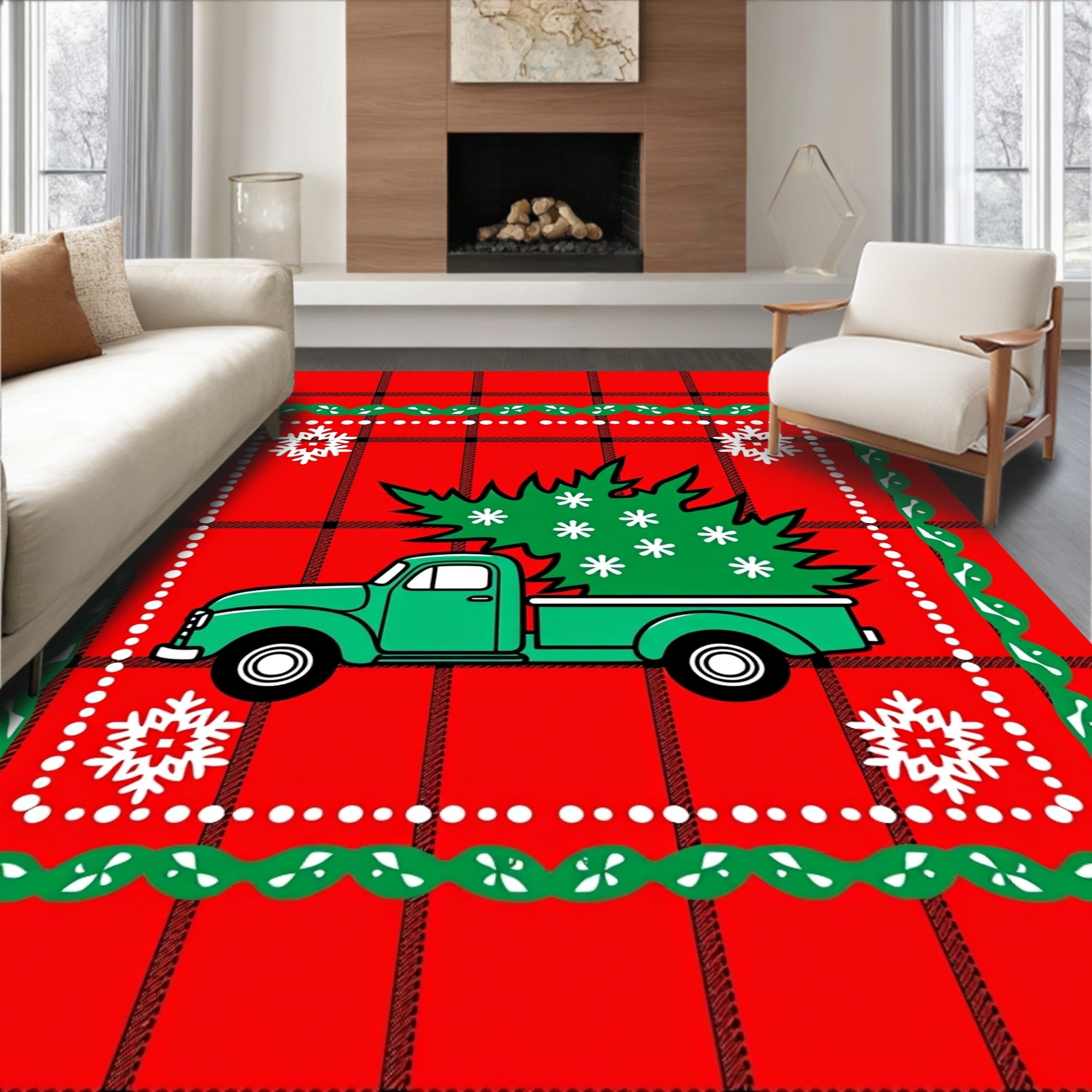 Red Plaid Evergreen Truck Snowflakes Rug